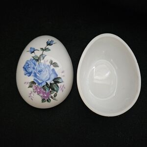 Vintage Porcelain Trinket Box Egg Shaped Hand Painted Jewelry Dish